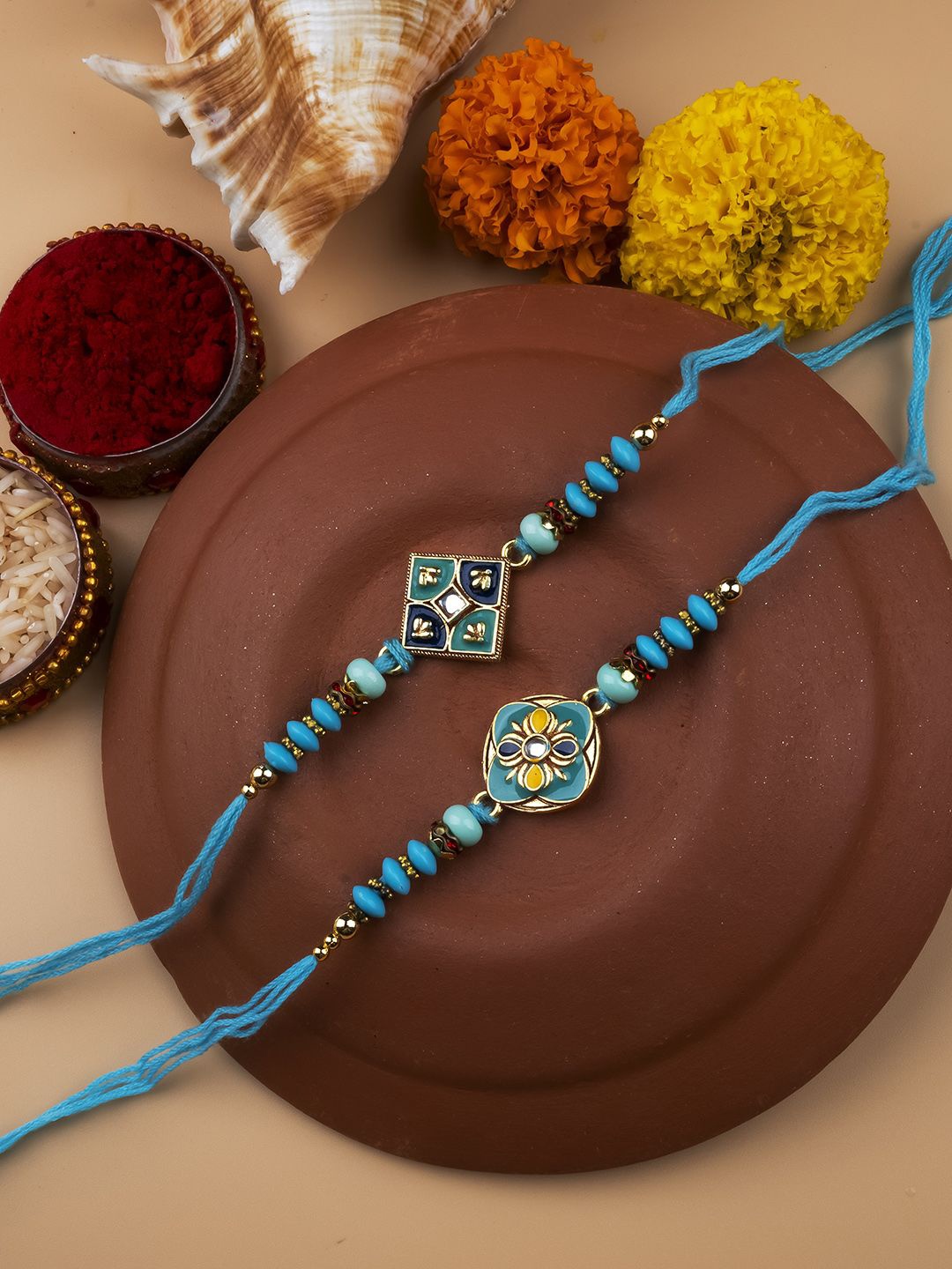 

StileAdda Set of 2 Bhai Bhabhi Beaded Thread Rakhis With Roli Chawal, Gold