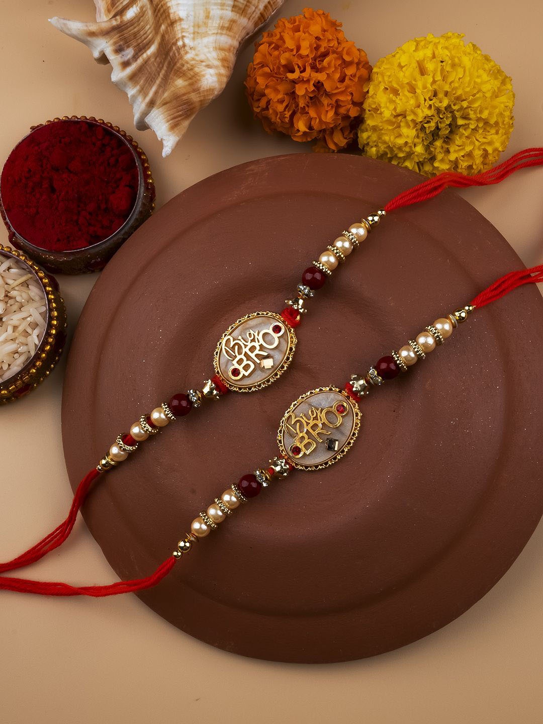 

StileAdda Set of 2 Big Bro Beaded Thread Rakhis With Roli Chawal, Red
