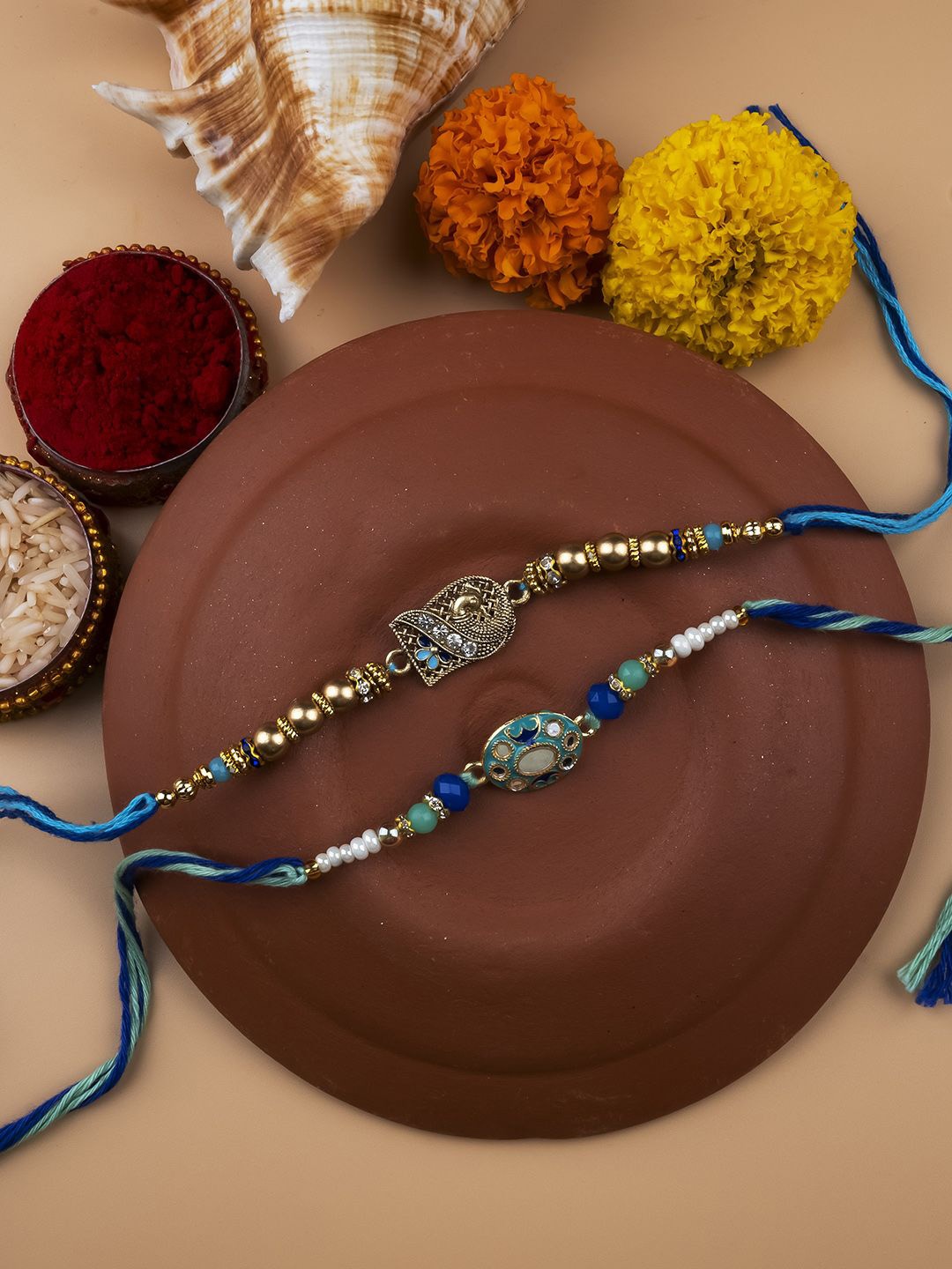 

StileAdda Set of 2 Bhai Bhabhi Beaded Thread Rakhis With Roli Chawal, Blue