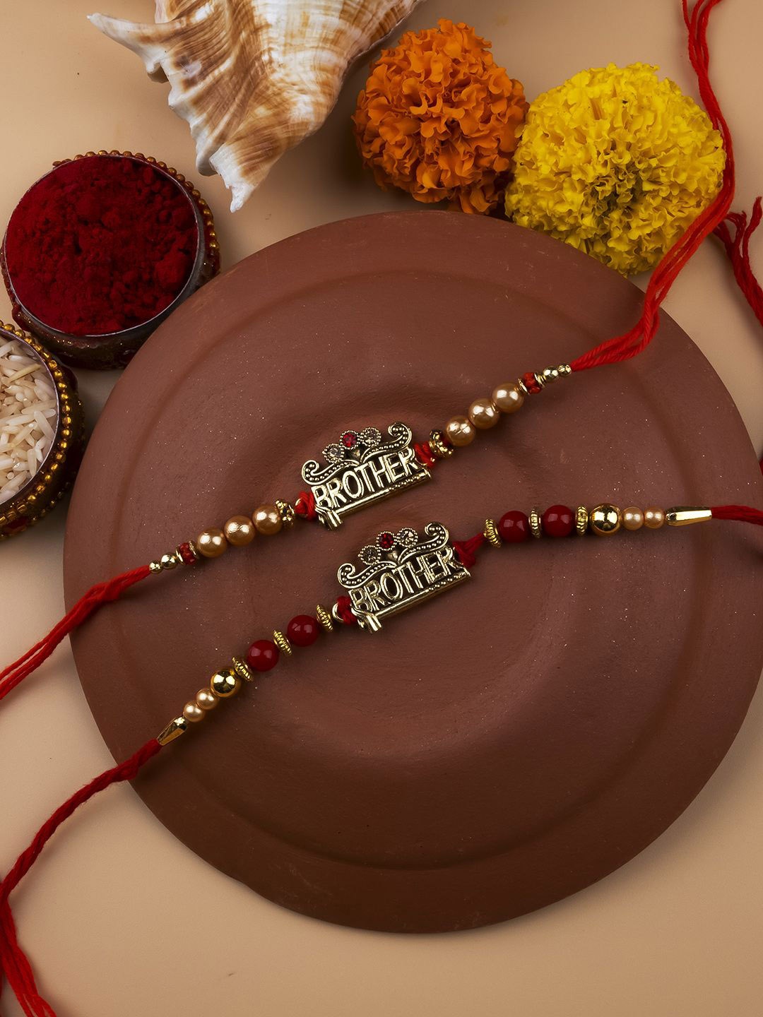 

StileAdda Set of 2 Brother Beaded Thread Rakhis With Roli Chawal, Red