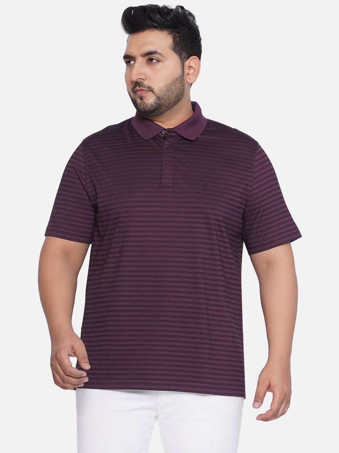 

Santonio Men Striped Polo Collar Cotton T-Shirt, Purple