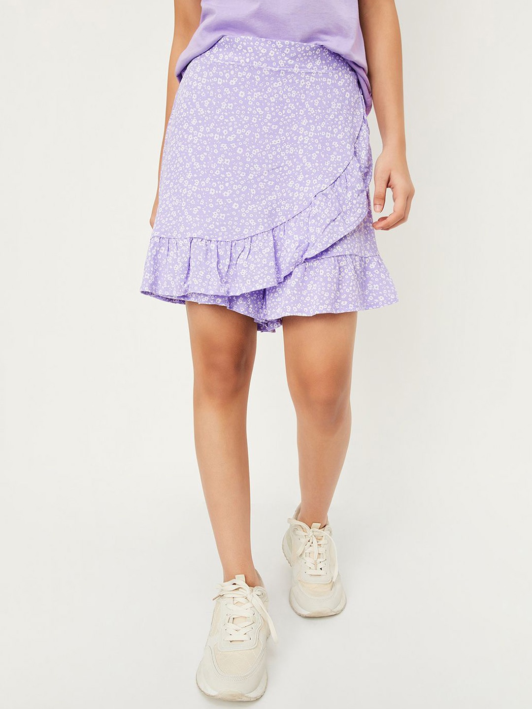 

max Printed Pure Cotton Above Knee Skort with Ruffled Hem, Purple
