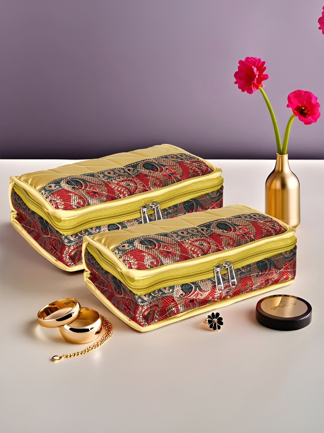 

Kuber Industries Gold Toned & Red 2 Pieces Self Design Silk Jewellery Organisers