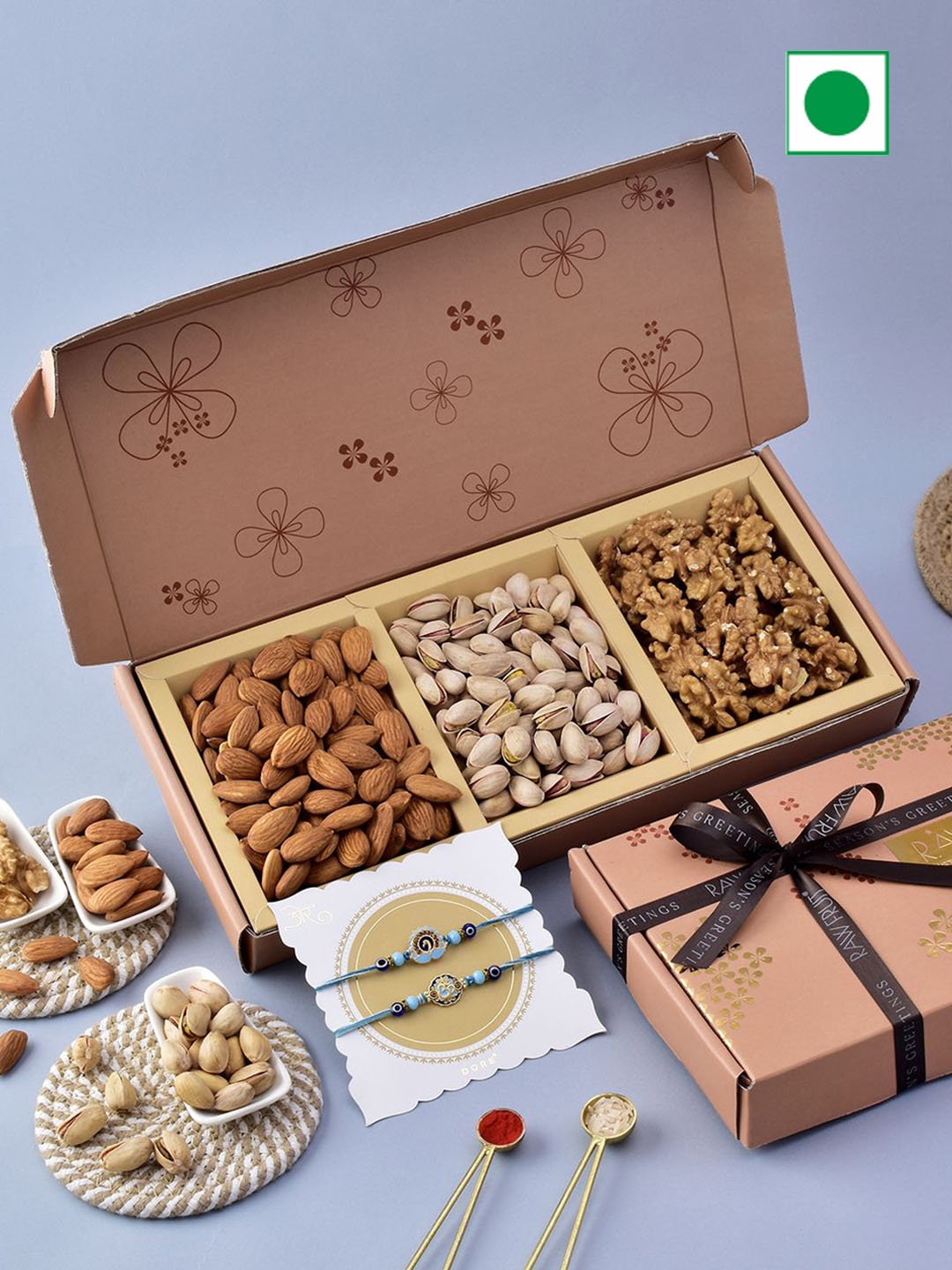 

RawFruit Set Of 2 Rakhi With Dry Fruits Gift Set, Brown