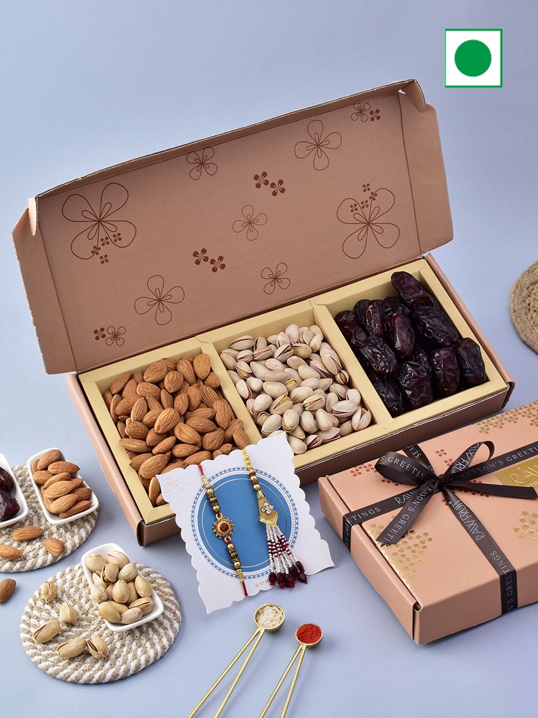 

RawFruit akhis Set of 3 With Roli Chawal DryFruits Gift Set, Brown