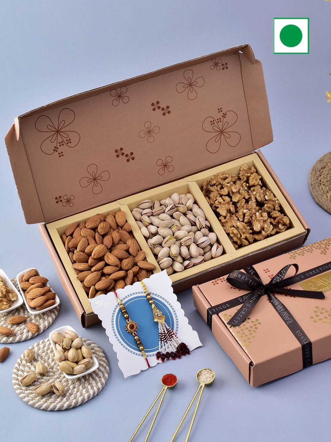 

RawFruit Set Of 2 Rakhi With Dry Fruits Gift Set, Brown