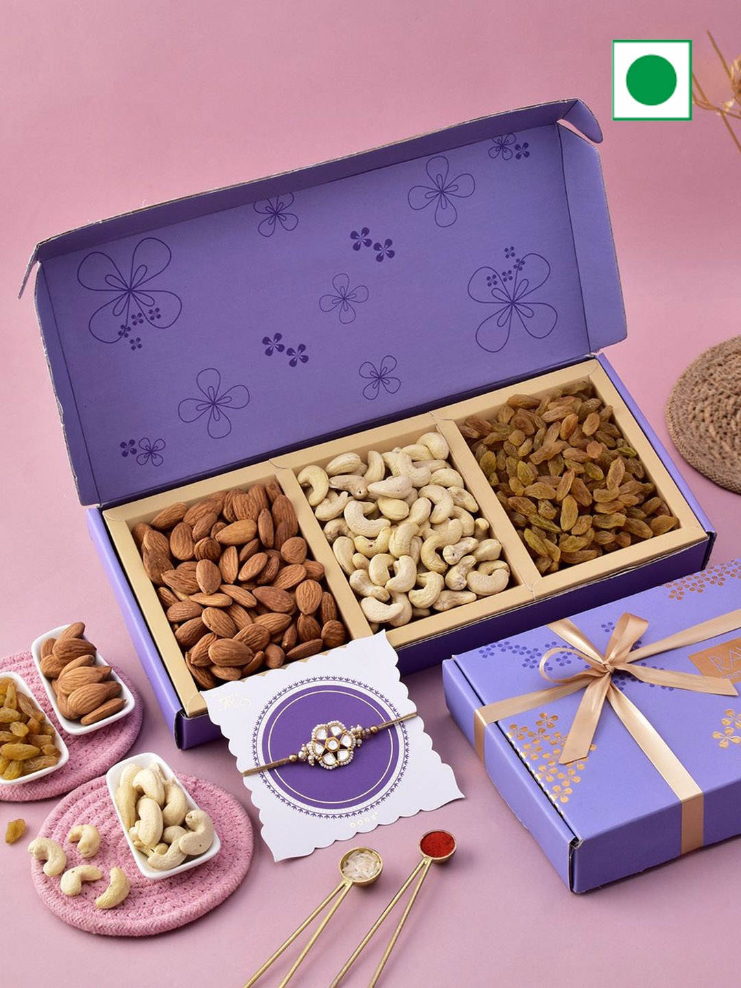 

RawFruit Rakhi With Dry Fruits Gift Set, Purple