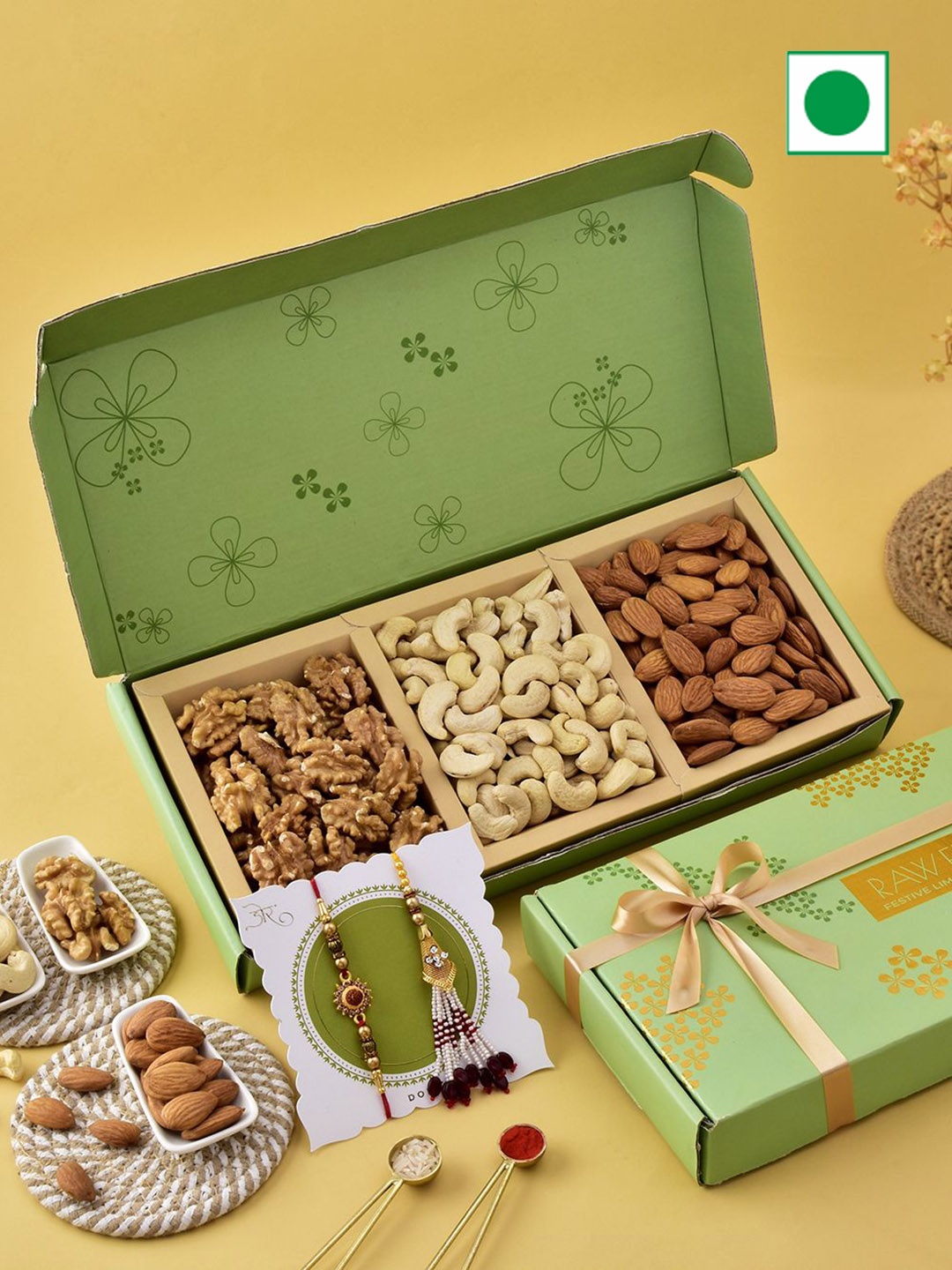 

RawFruit Set Of 5 Rakhi With Dry fruits Set, Green