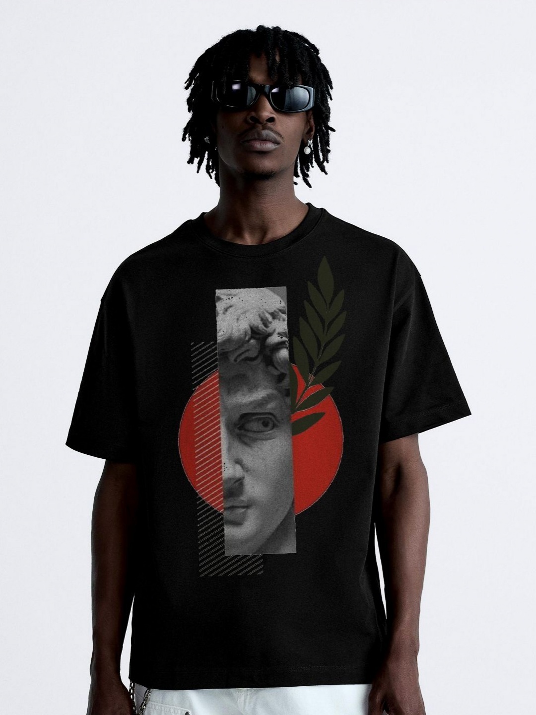 

OFFMINT Men Printed Round Neck Cotton Oversized T-Shirt, Black