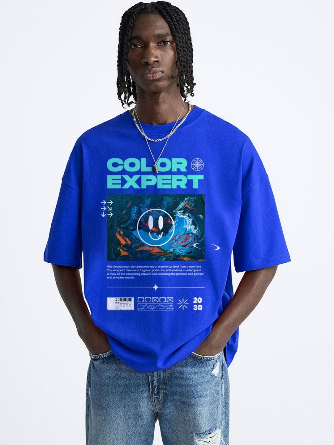 

OFFMINT Men Typography Printed Round Neck Cotton Oversized T-Shirt, Blue