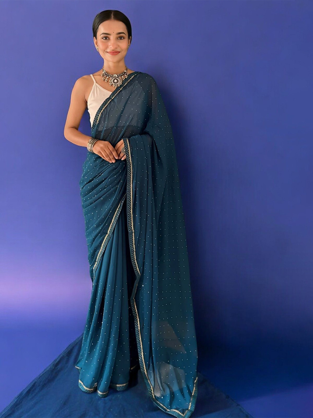 

Vastrasky Global Embellished Beads and Stones Saree, Blue