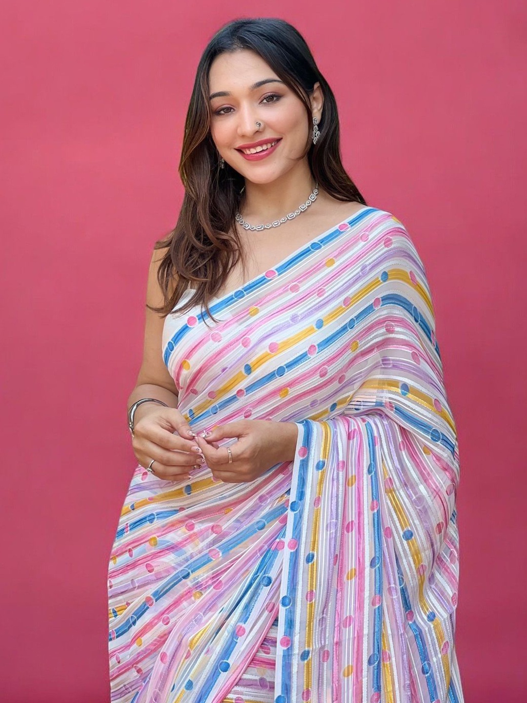 

Vastrasky Global Striped Printed Saree, Lime green