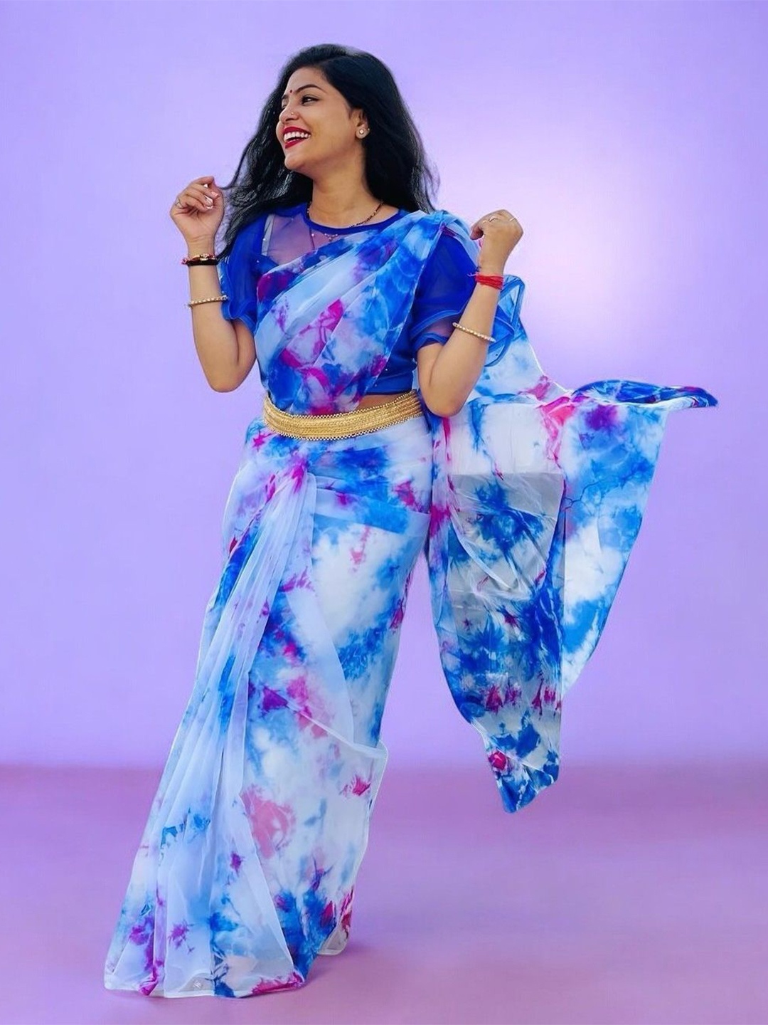

Vastrasky Global Tie and Dye Organza Saree, Blue