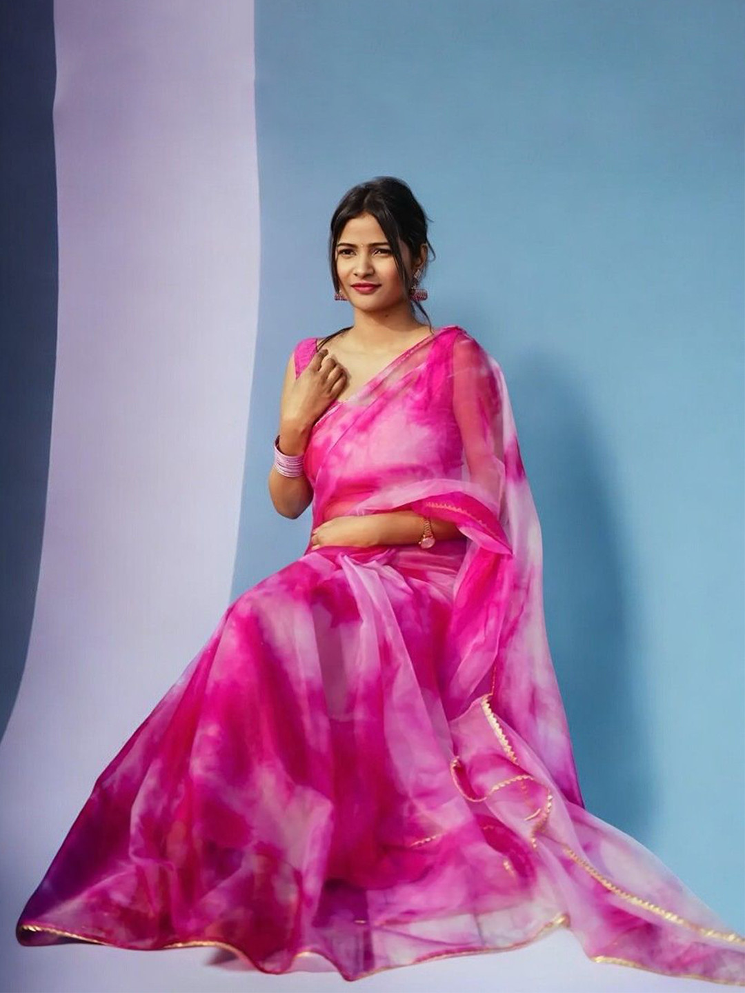 

Vastrasky Global Tie and Dye Gotta Patti Organza Saree, Pink