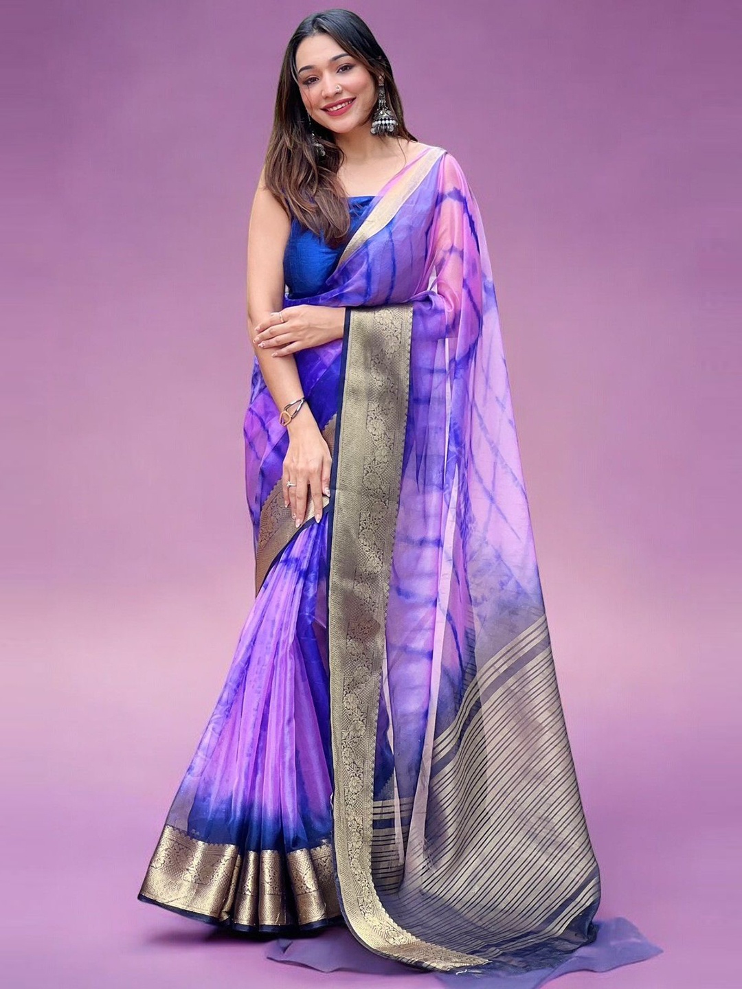 

Vastrasky Global Tie and Dye Printed Zari Organza Saree, Blue