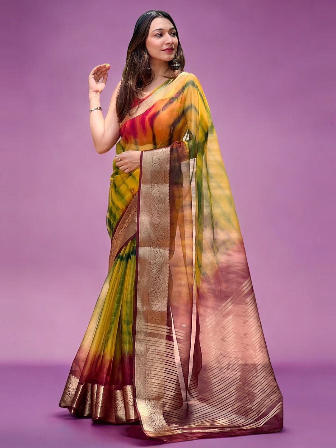 

Vastrasky Global Tie & Dye Zari Woven Saree with Blouse, Yellow