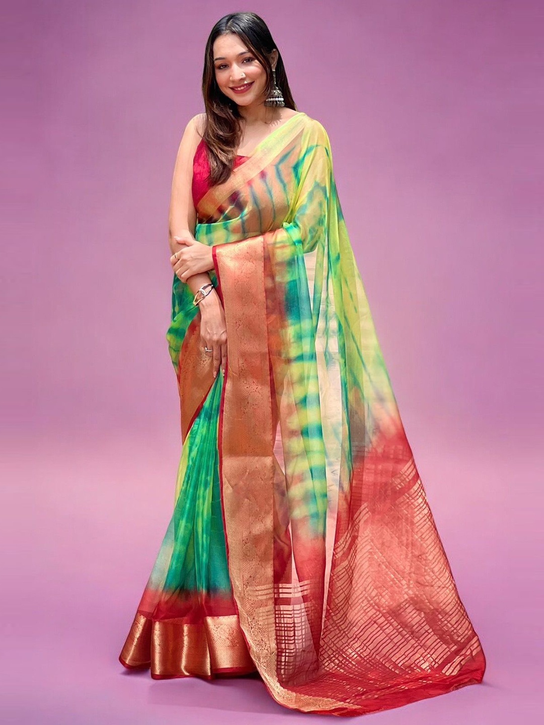 

Vastrasky Global Tie and Dye Zari Organza Saree, Green