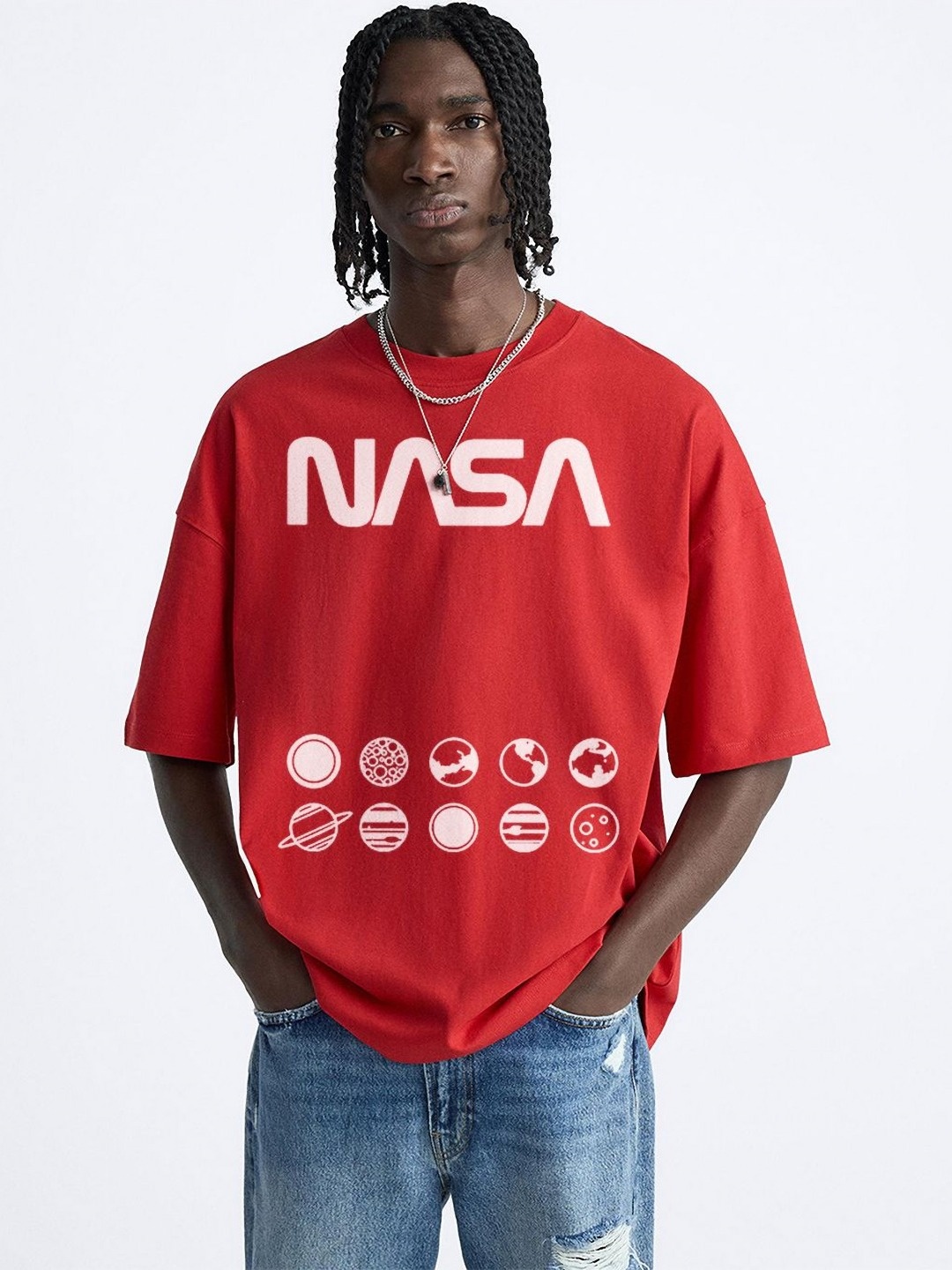 

OFFMINT Men Printed Typography or Slogan Print Round Neck Cotton Oversized T-Shirt, Red