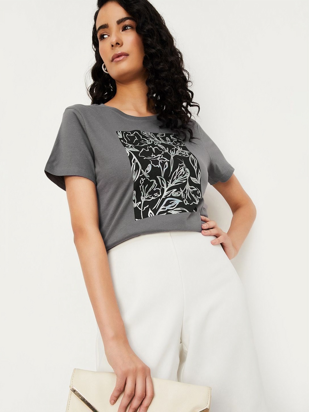 max Women Graphic Printed Pure Cotton T-shirt, Grey