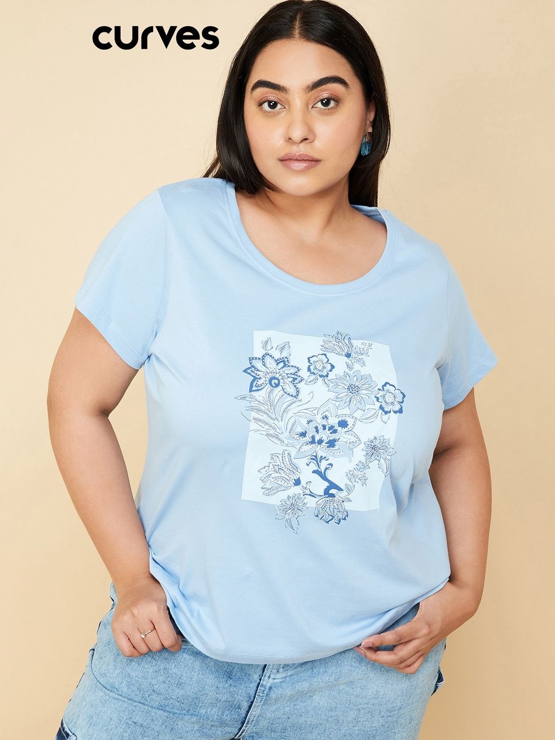 

max Women Floral Printed Pure Cotton Plus Size T-shirt, Blue