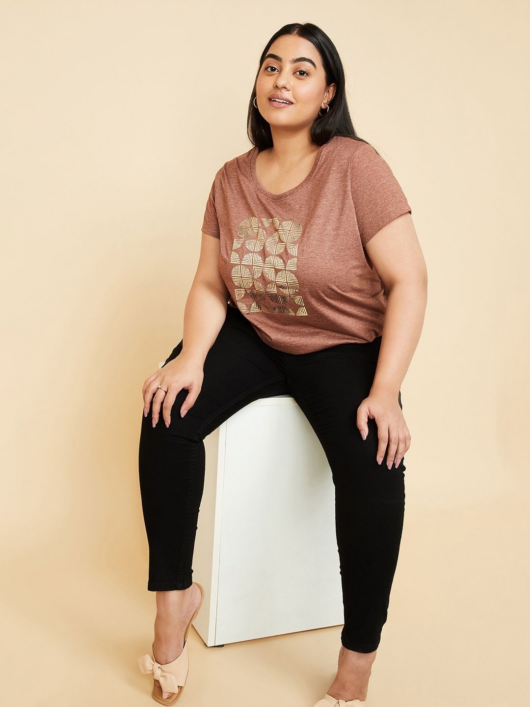 

max Women Graphic Printed Pure Cotton Plus Size T-shirt, Brown