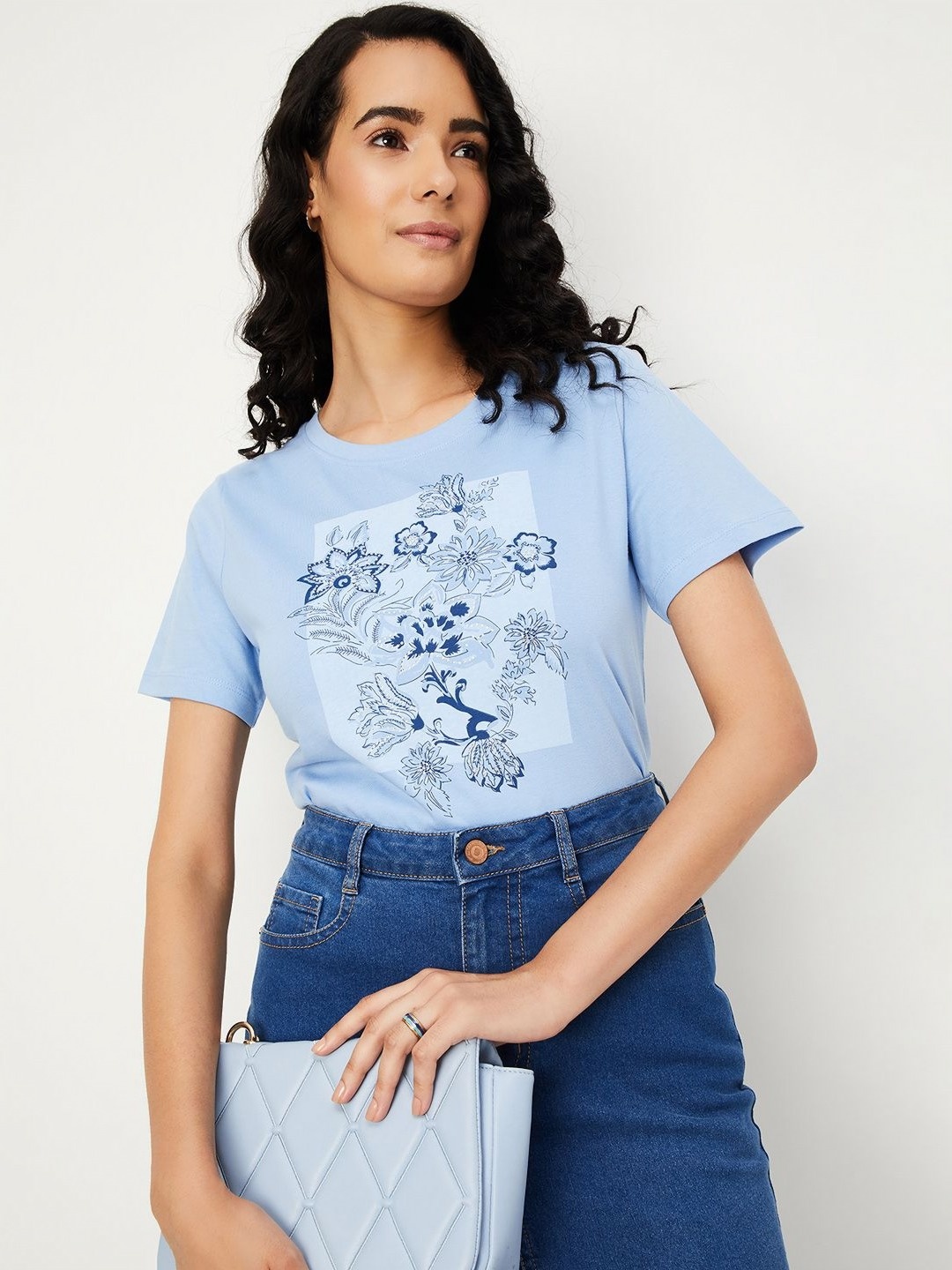 

max Women Floral Printed Pure Cotton T-shirt, Blue