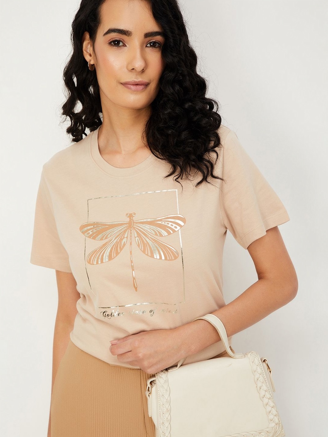 

max Women Graphic Printed Pure Cotton T-shirt, Beige