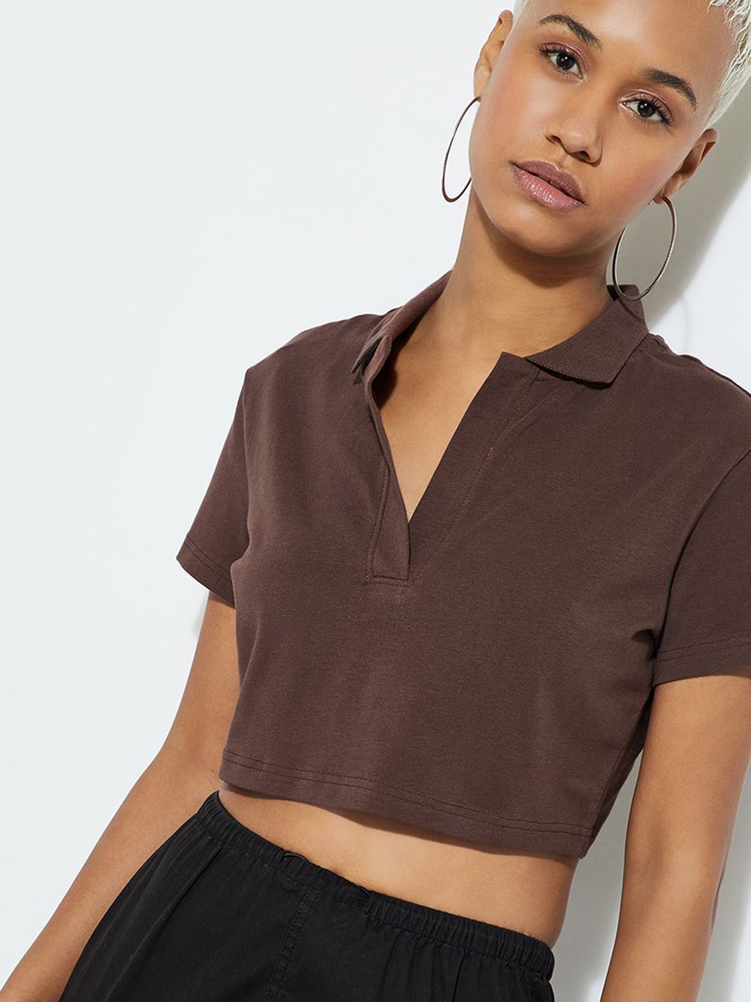 

max URB_N Women Solid Cropped Polo T-shirt, Brown