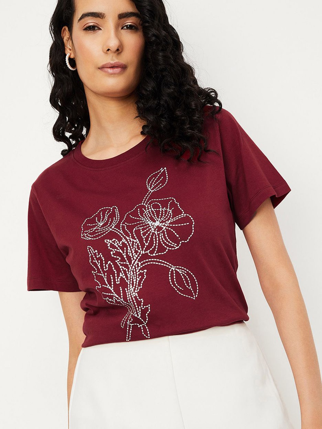 

max Women Floral Printed Pure Cotton T-shirt, Red