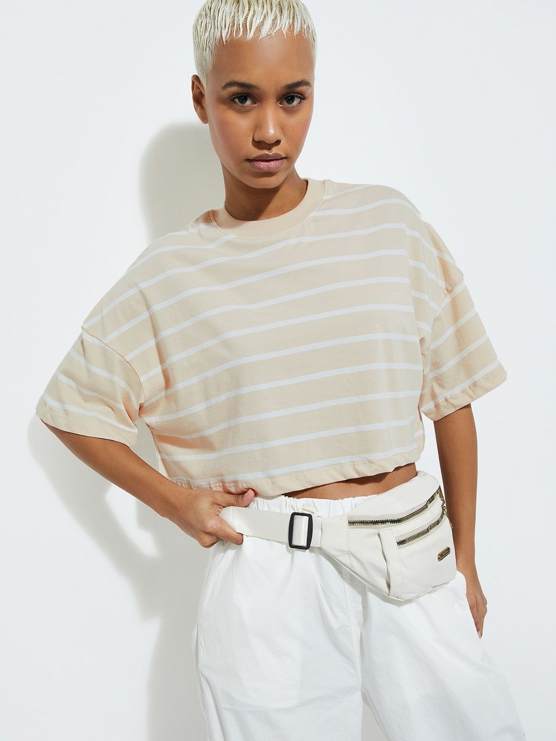 

max URB_N Women Boxy Fit Striped T-shirt, Beige