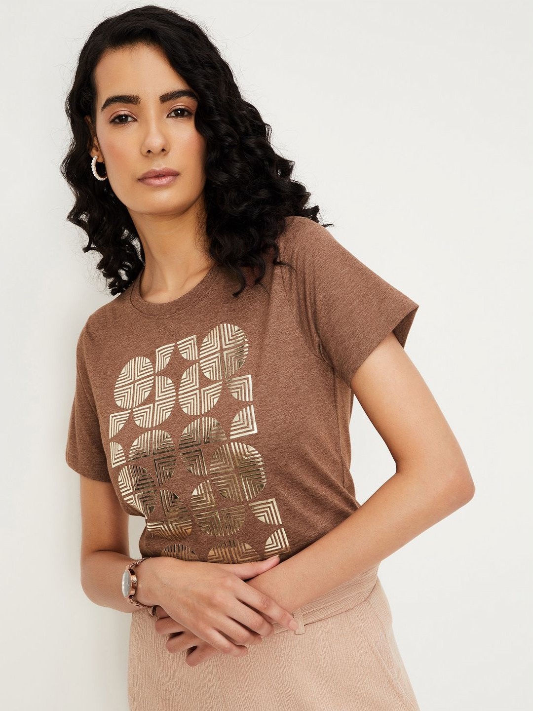 

max Women Graphic Printed Pure Cotton T-shirt, Brown