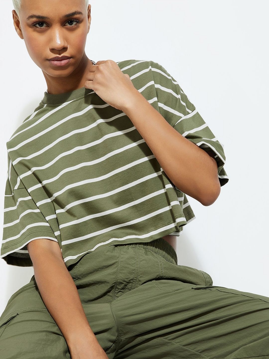 

max URB_N Women Boxy Fit Striped T-shirt, Green