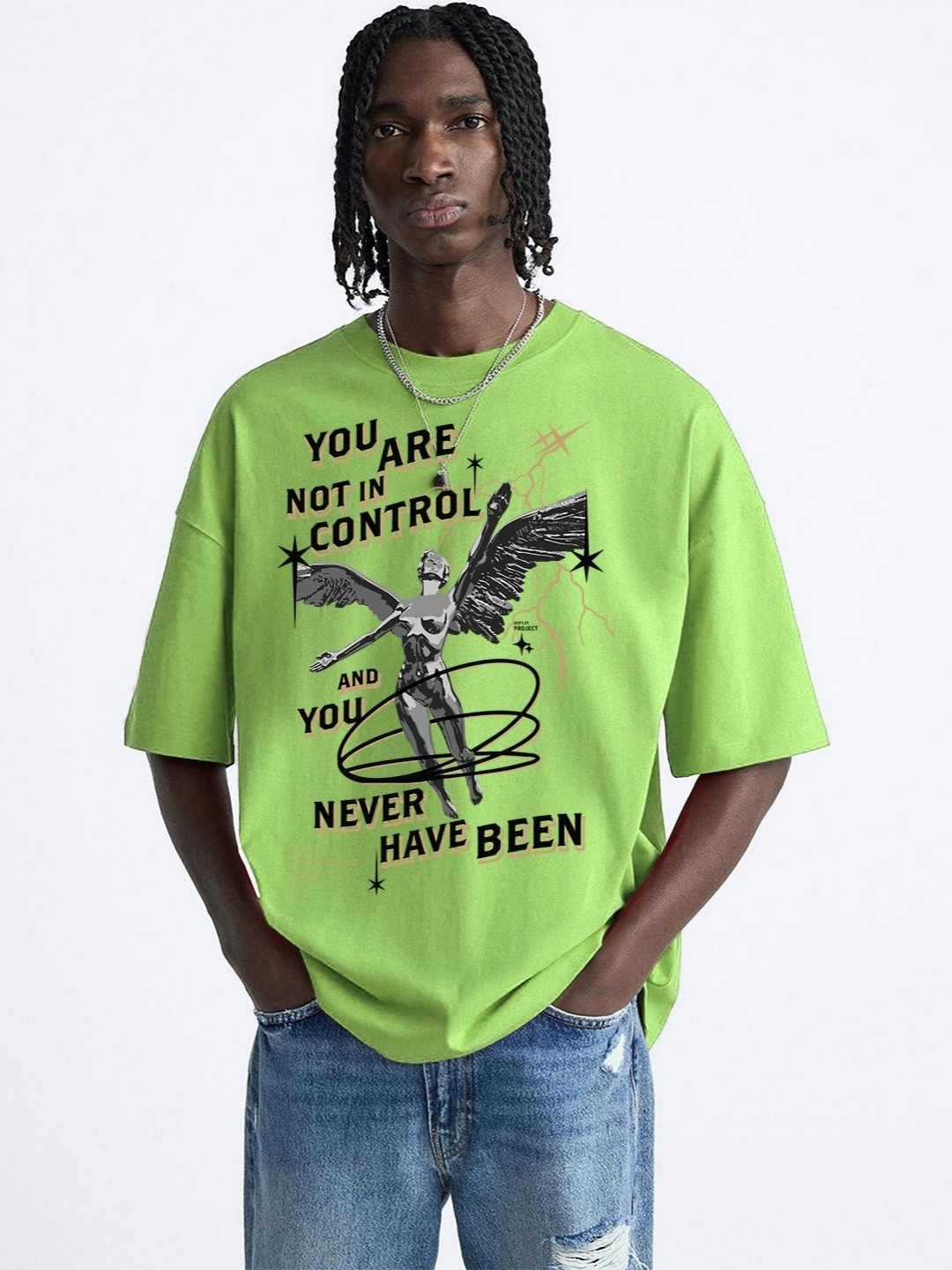 

OFFMINT Men Printed Round Neck Cotton Oversized T-Shirt, Green