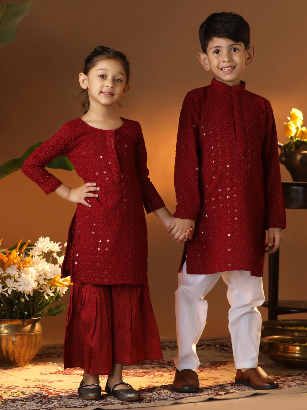 

VASTRAMAY Girls Floral Embroidered Sequinned Straight Kurta With Palazzos, Maroon