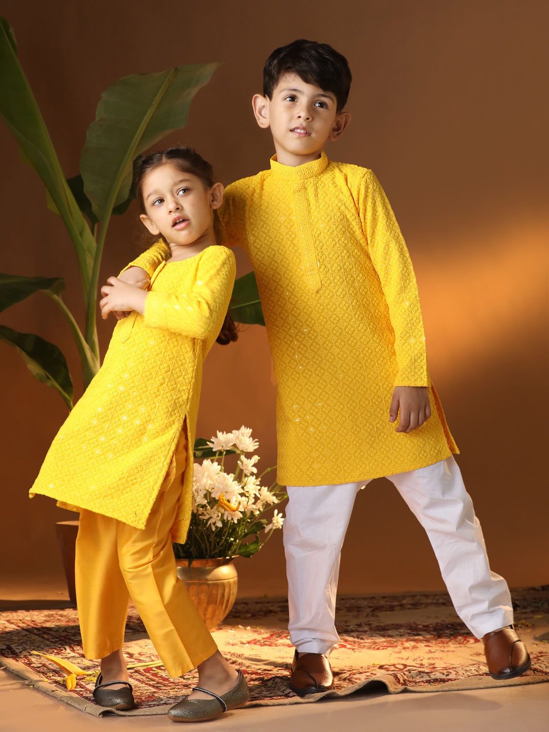 

VASTRAMAY Girls Floral Embroidered Sequinned Straight Kurta With Palazzos, Yellow