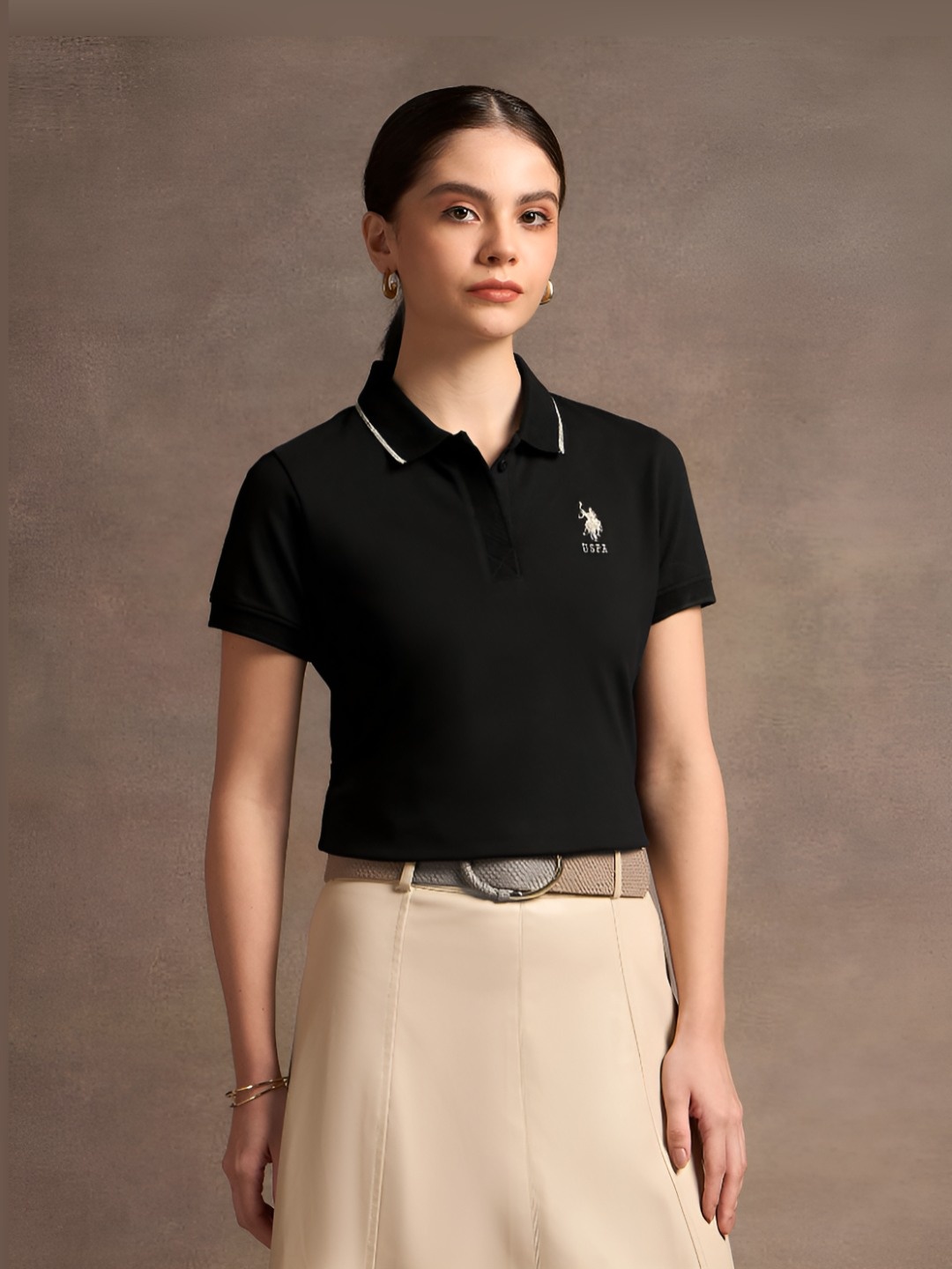 

U.S. Polo Assn. Women Solid Polo Collar Cotton T-Shirt, Black