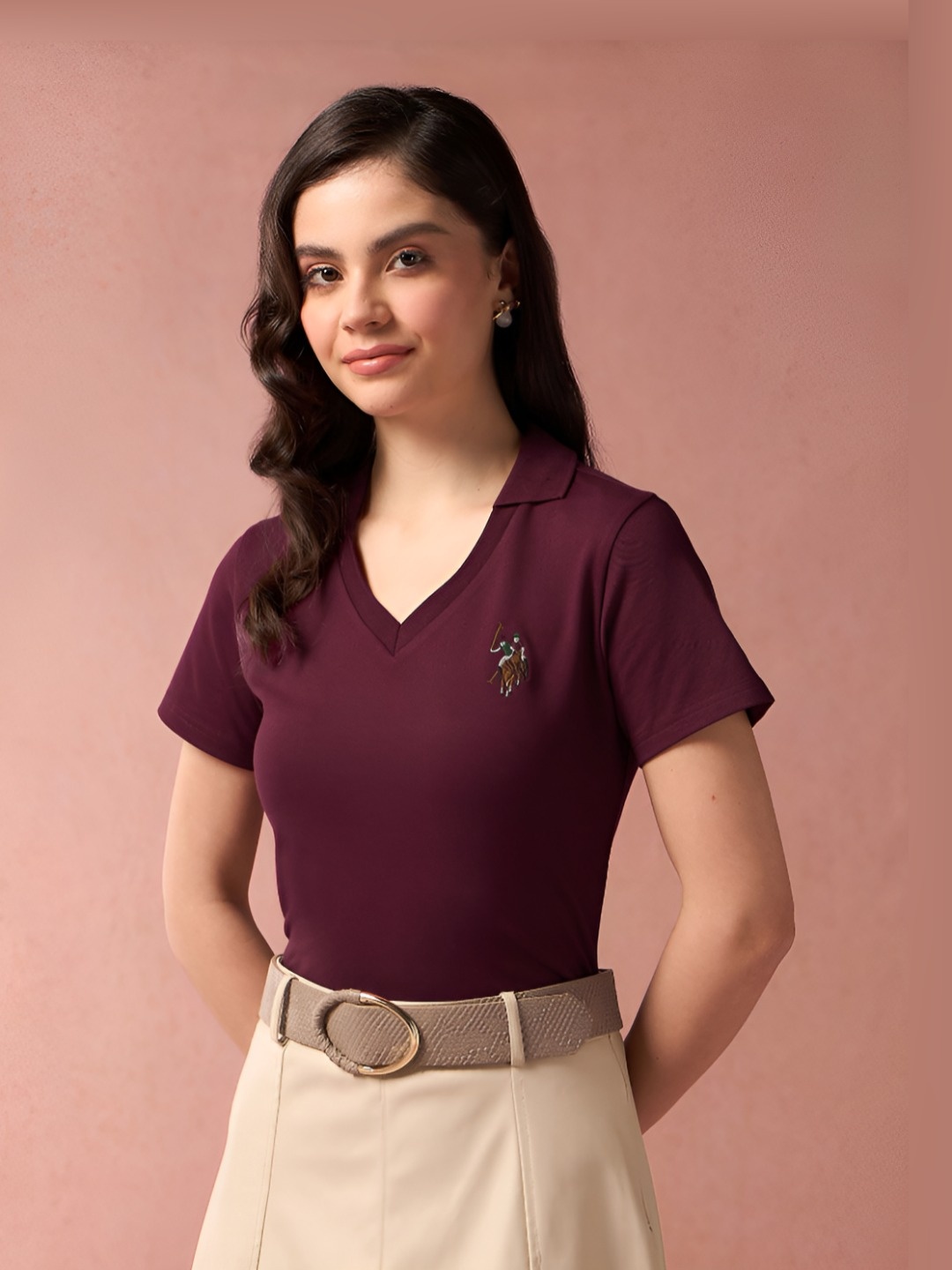 

U.S. Polo Assn. Women Solid Polo Collar Cotton T-Shirt, Maroon