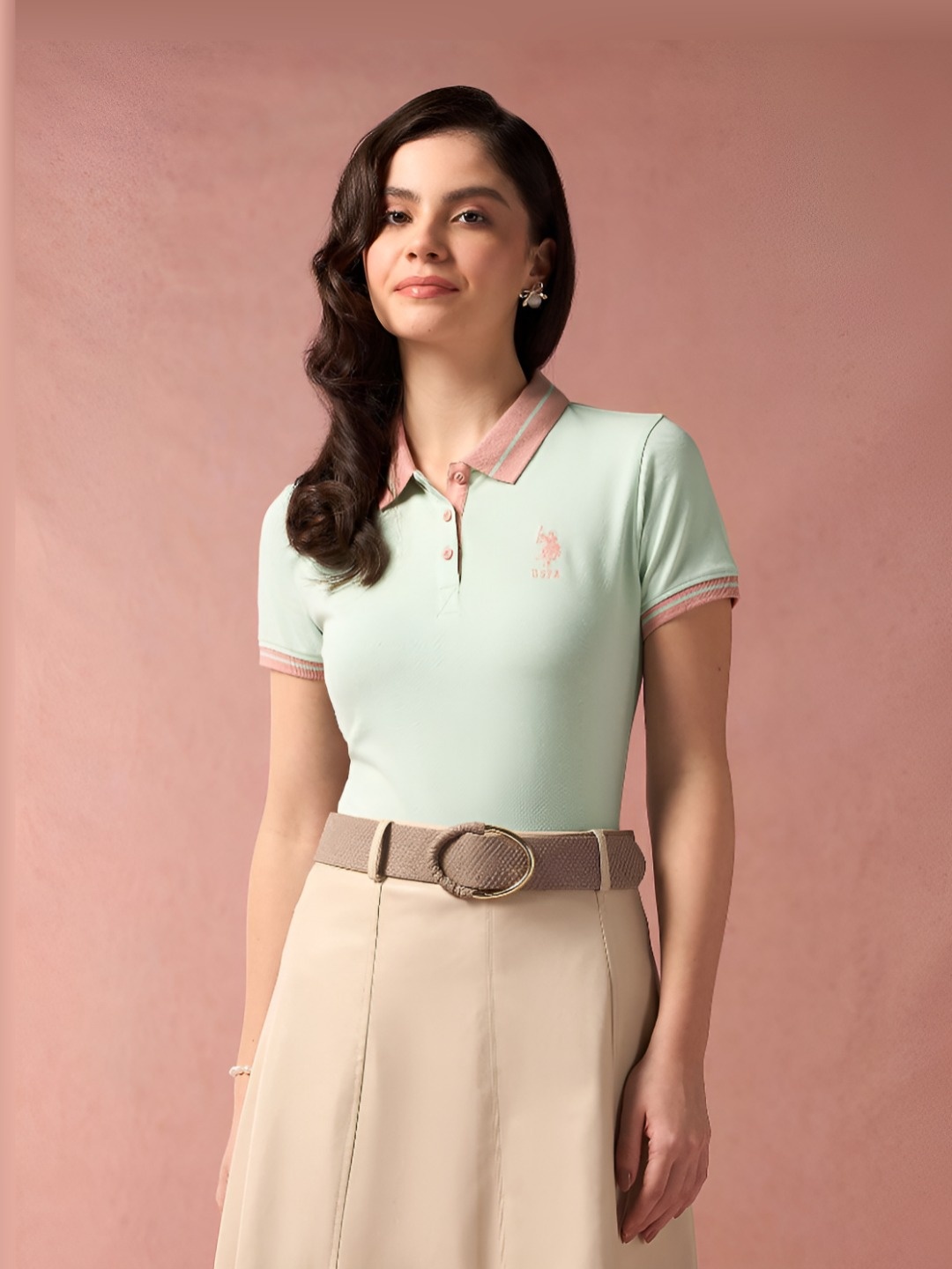 

U.S. Polo Assn. Women Solid Polo Collar Cotton T-Shirt, Green