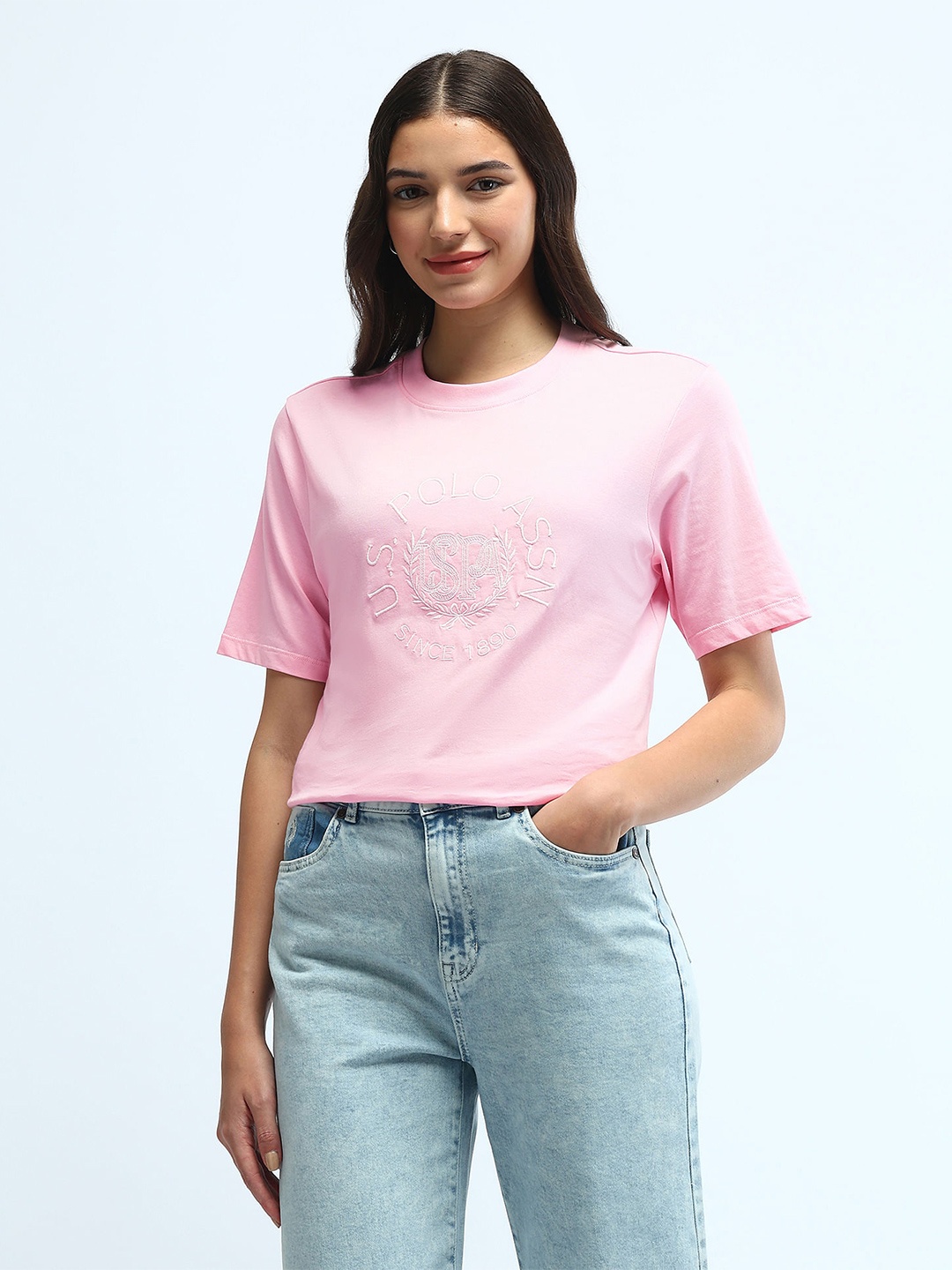 

U.S. Polo Assn. Women Embroidered Brand Logo Round Neck Pure Cotton Boxy Fit T-Shirt, Pink