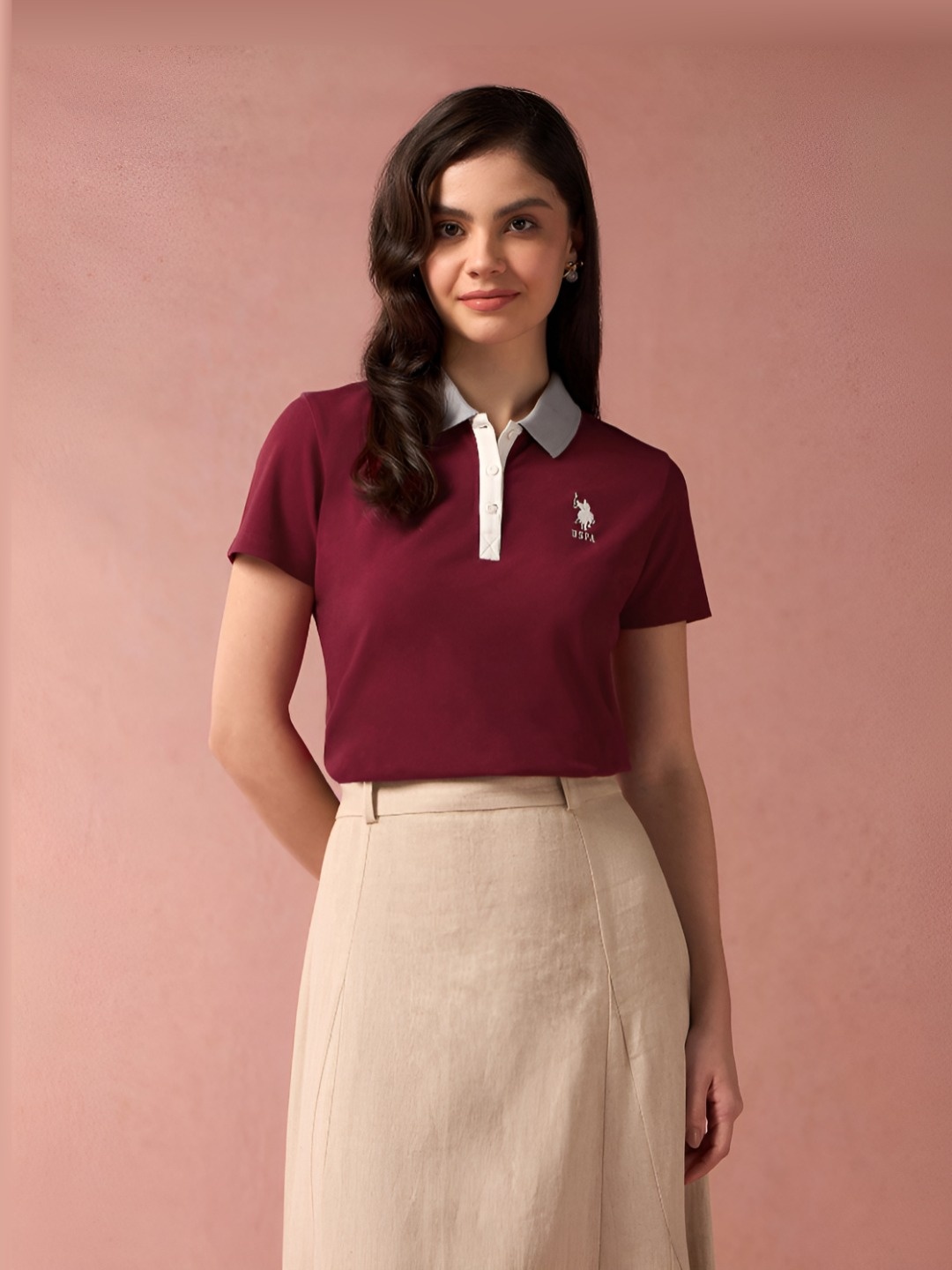 

U.S. Polo Assn. Women Solid Polo Collar Cotton T-Shirt, Maroon