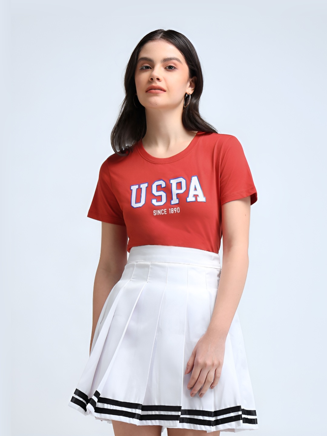 

U.S. Polo Assn. Women Brand Logo Printed Round Neck Pure Cotton T-Shirt, Red