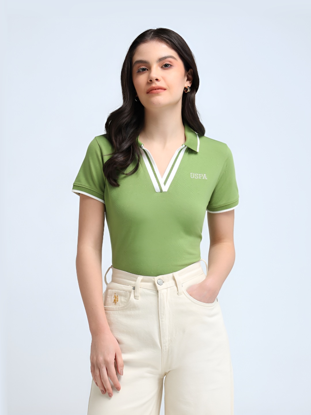 

U.S. Polo Assn. Women Solid Polo Collar Cotton T-Shirt, Green