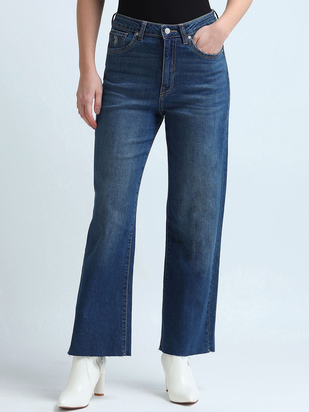 

U.S. Polo Assn. Women Wide Leg High-Rise Light Fade Stretchable Jeans, Blue