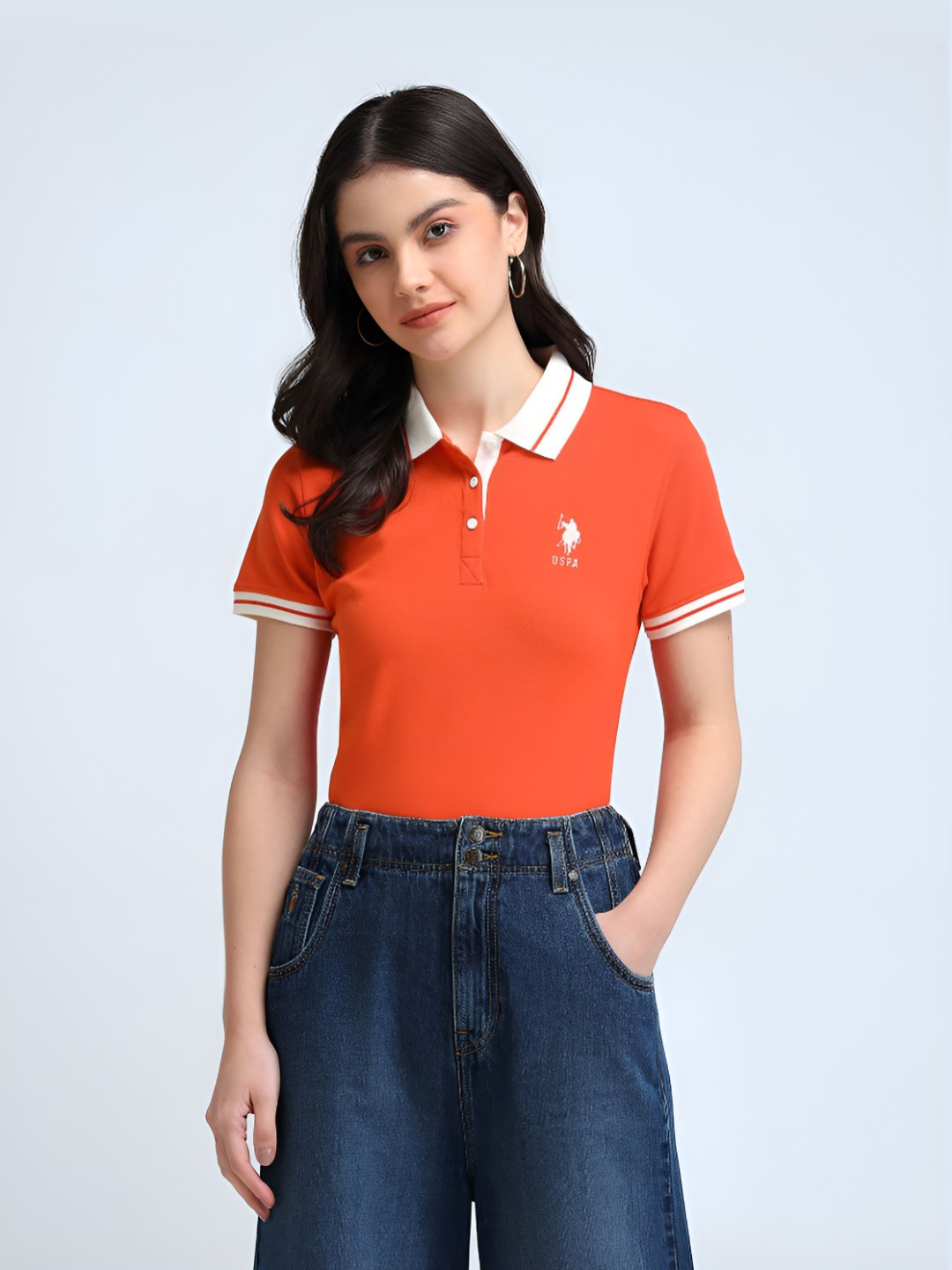 

U.S. Polo Assn. Women Solid Polo Collar Cotton T-Shirt, Orange