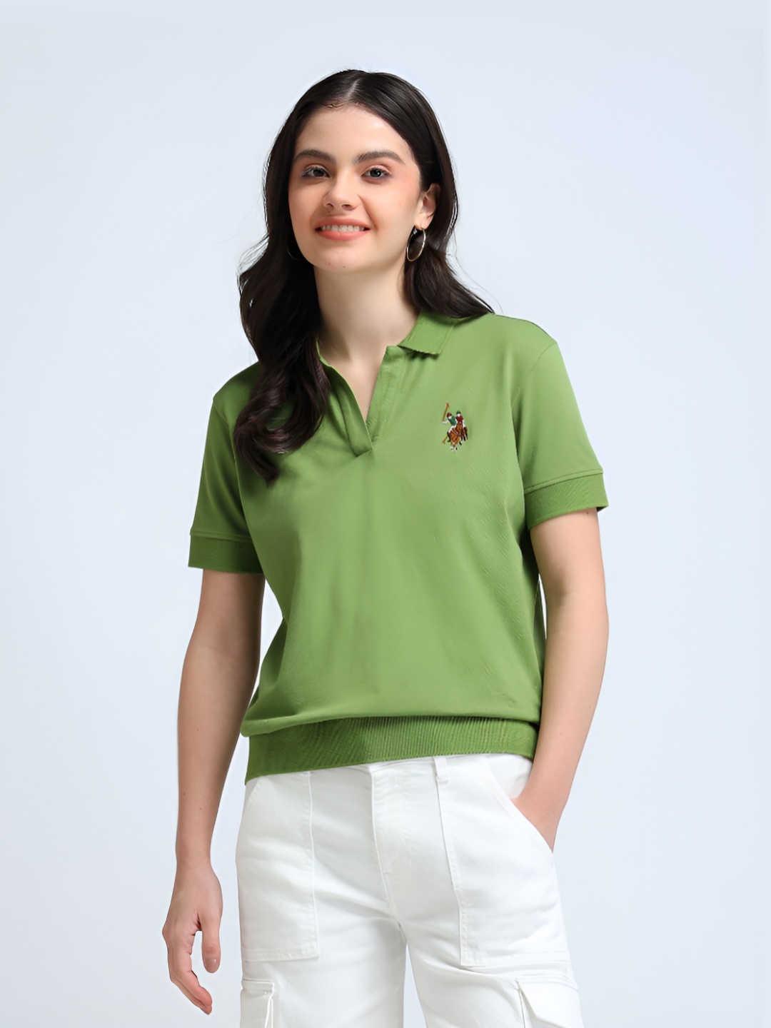 

U.S. Polo Assn. Women Solid Polo Collar Cotton Relaxed Fit T-Shirt, Green