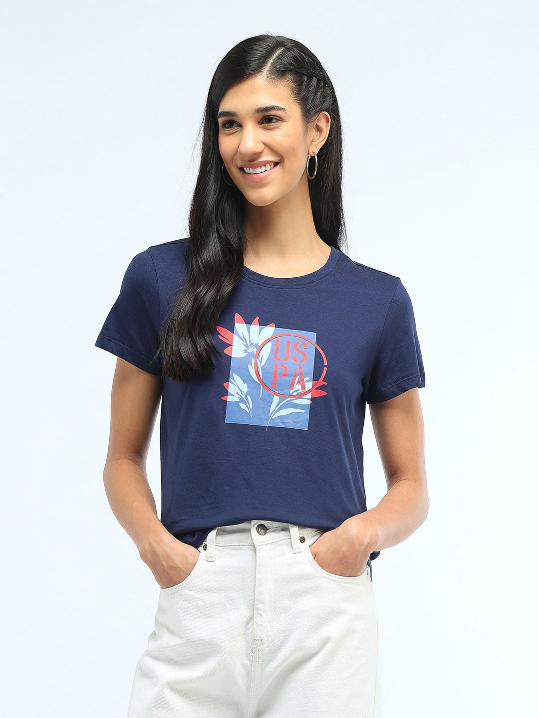 U.S. Polo Assn. Women Brand Logo Printed Round Neck Pure Cotton T-Shirt, Blue