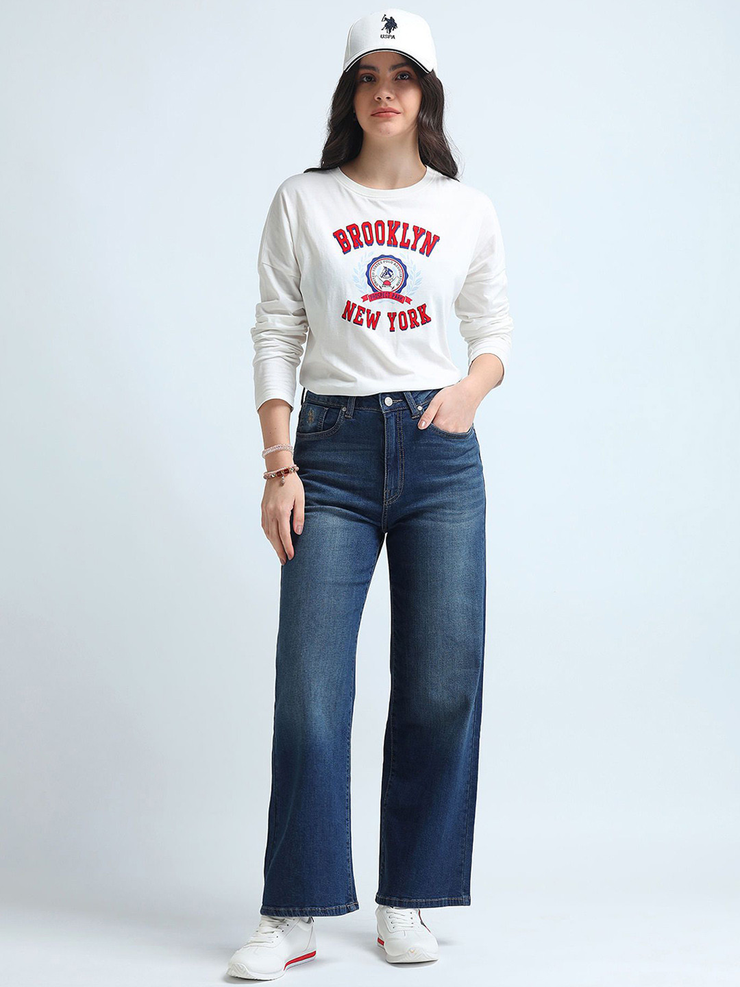 

U.S. Polo Assn. Women Wide Leg High-Rise Light Fade Stretchable Jeans, Blue