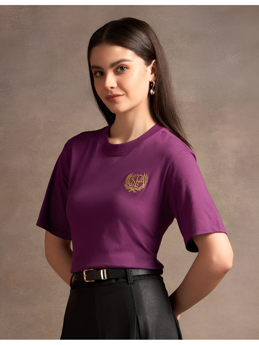 

U.S. Polo Assn. Women Embroidered Solid Round Neck Pure Cotton Boxy Fit T-Shirt, Purple