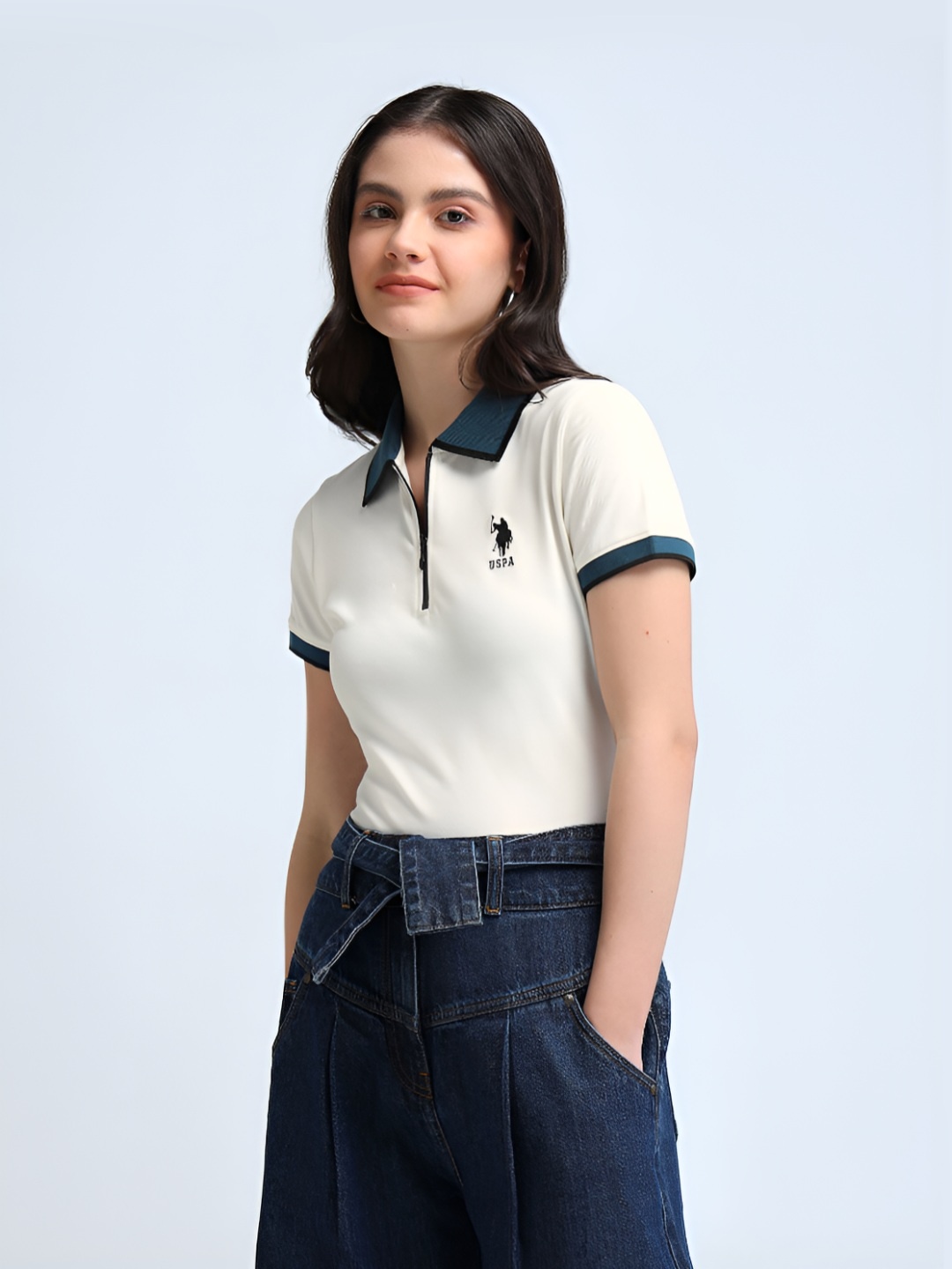 

U.S. Polo Assn. Women Solid Polo Collar Cotton T-Shirt, White