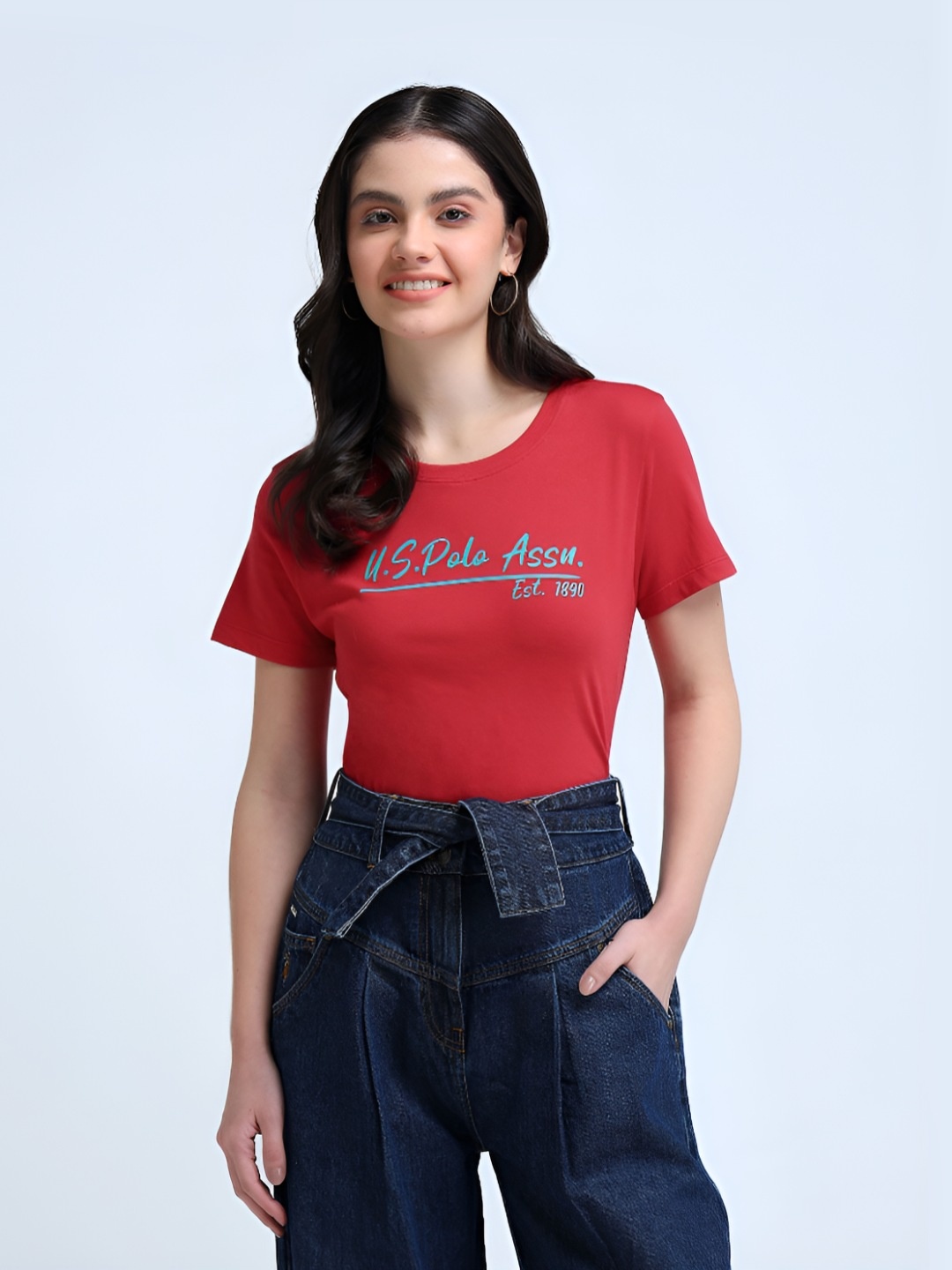 

U.S. Polo Assn. Women Brand Logo Printed Round Neck Pure Cotton T-Shirt, Red